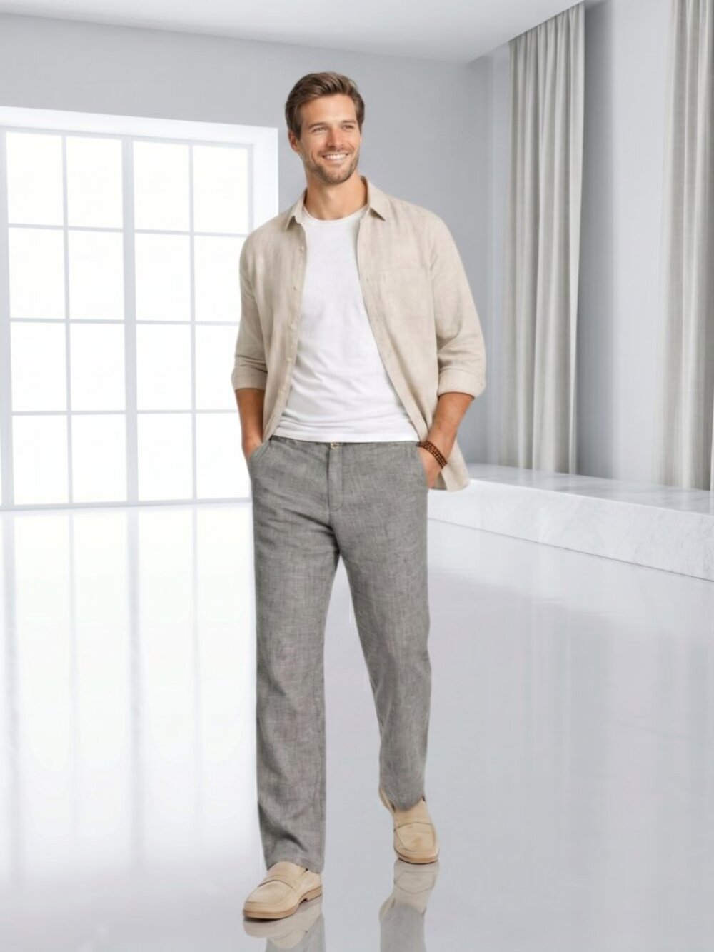 Tasso Elba Island Grey Linen Blend Pants Men's 33x30 Coastal Quiet Luxury